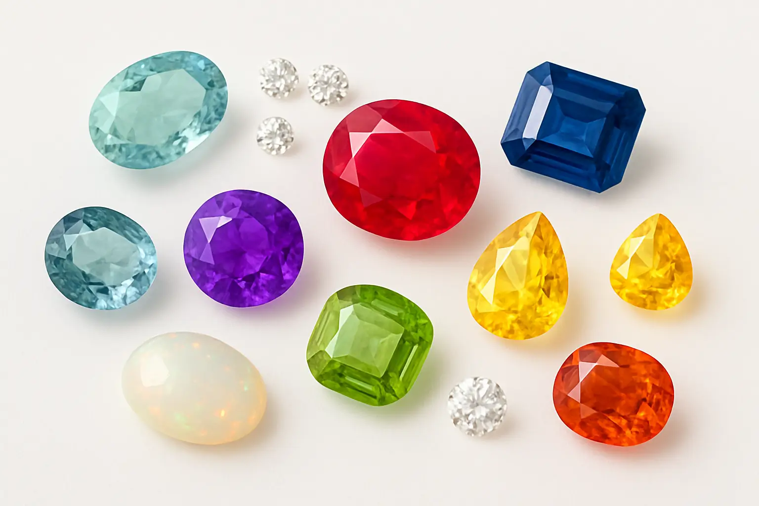 Selection of high-quality cut precious stones like ruby, sapphire, and emerald